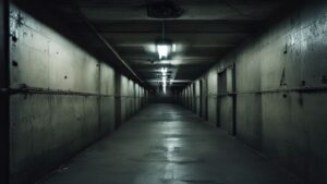 An empty fluorescent-lit prison corridor with security camera, illustrating the carceral economy investigation