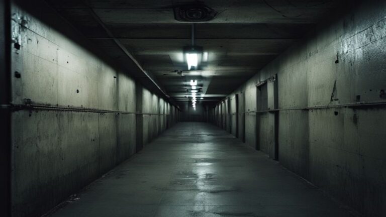 An empty fluorescent-lit prison corridor with security camera, illustrating the carceral economy investigation