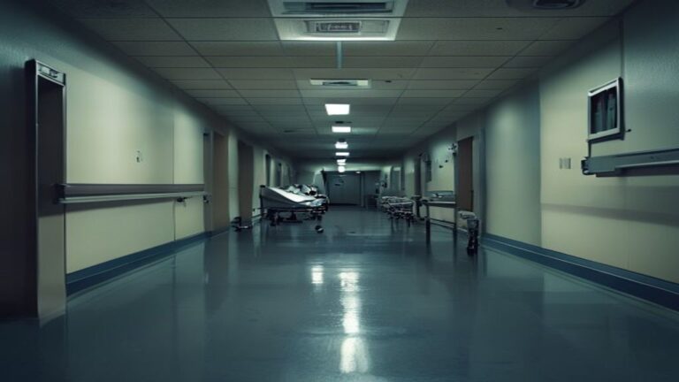 An empty hospital emergency-room corridor at night, illustrating private-equity-driven understaffing