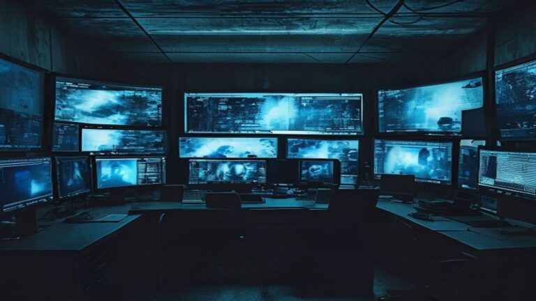 A wall of surveillance monitors, illustrating the data-broker industry