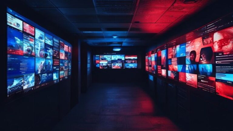 Wall of screens displaying social media feeds, illustrating algorithmic amplification