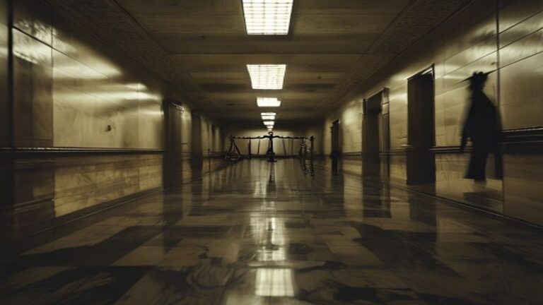 Empty courthouse hallway under fluorescent light, illustrating the cash-bail-bond pretrial detention system