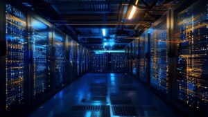 A dark data-center server room at night with screens of scrolling code, illustrating commercial mobile-exploitation infrastructure