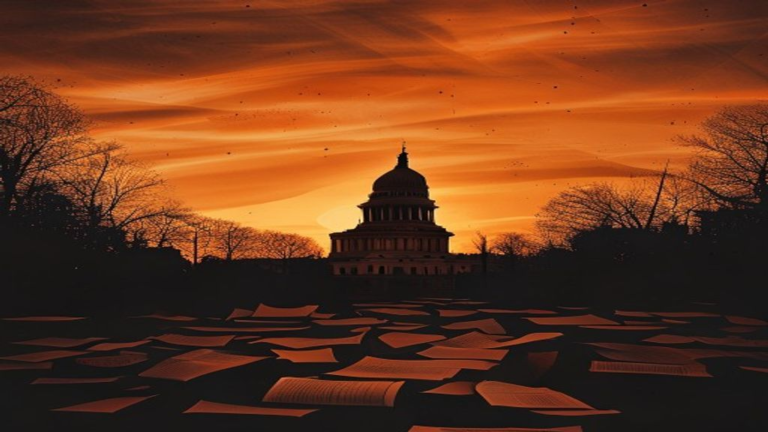 Capitol Hill at dusk silhouetted against orange sky, illustrating the foreign-lobbying registration system