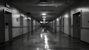 An empty hospital corridor at dusk, illustrating the consolidation of U.S. hospital systems