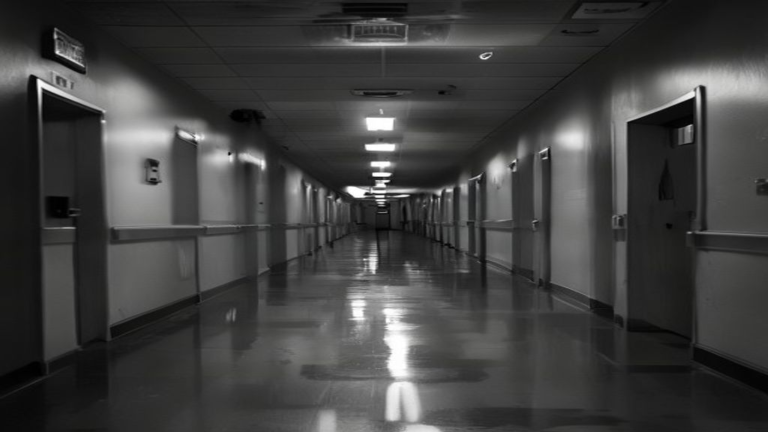 An empty hospital corridor at dusk, illustrating the consolidation of U.S. hospital systems