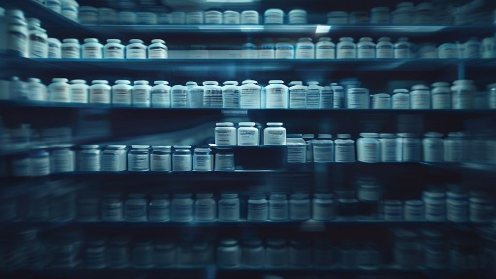 Wall of backlit pharmacy pill bottles, illustrating the PBM-controlled drug pricing system