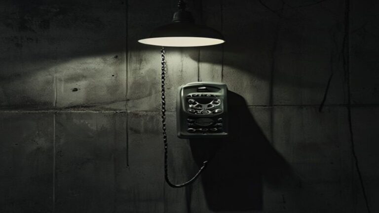 A payphone receiver hanging from a coiled cord against a dark concrete wall, illustrating prison-communications infrastructure