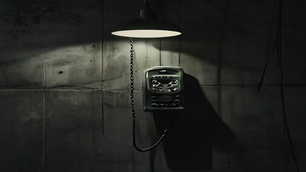 A payphone receiver hanging from a coiled cord against a dark concrete wall, illustrating prison-communications infrastructure
